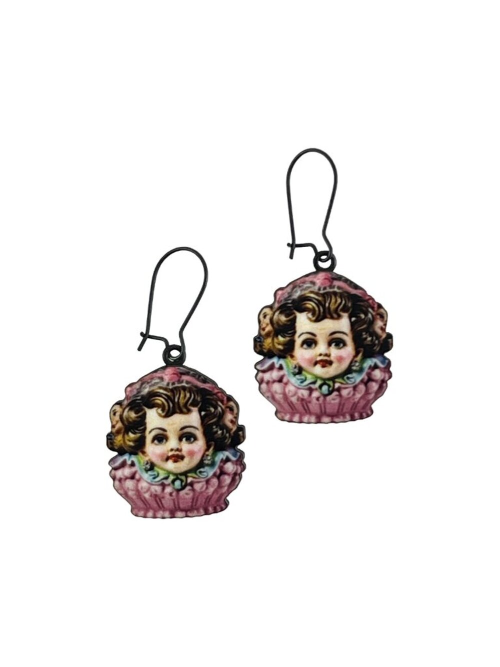 Vintage Inspired Victorian Cherub Doll Earrings — Black Kidney Wires